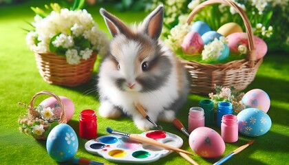 cute fluffy bunny on green grass painting easter eggs