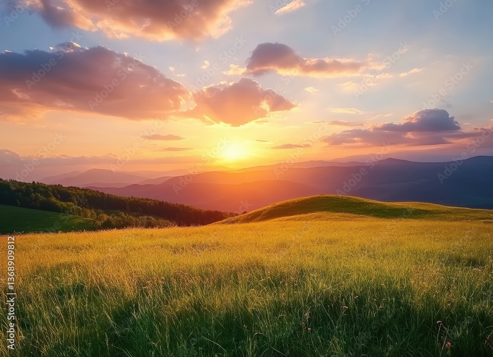 Poster sunset illuminating carpathian mountains with golden meadow in foreground