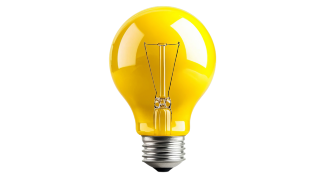 Png of A bright yellow light bulb, symbolizing creativity and innovation on transparent background.