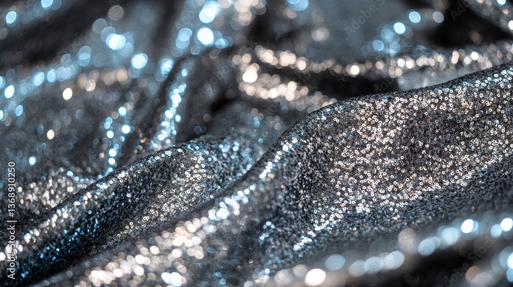 Poster close-up of shimmering silver fabric with soft bokeh lights.