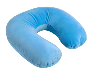 A soft, light blue travel neck pillow promising comfort and relaxation during journeys, shown in a close-up studio shot against a pure white background. AI Generative