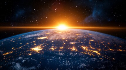 Obraz premium A glowing sphere of Earth in outer space with city lights shining brightly. 