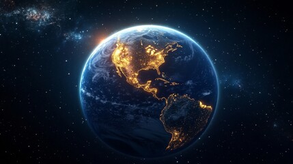 Fototapeta premium A glowing sphere of Earth in outer space with city lights shining brightly. 