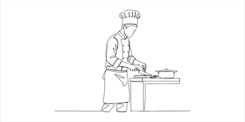Chef Cook in uniform working in kitchen continuous single line art drawing sketch on white background