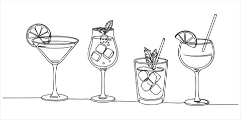 coquette drinks and cocktails continuous single line art drawing sketch on white background