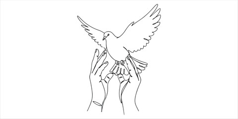 flying dove with two hands continuous single line art drawing sketch on white background