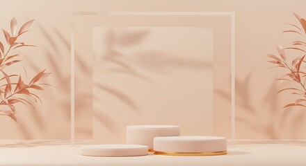 Minimalist botanical background with soft shadows on a pastel wall, featuring a modern 3D-rendered podium for premium product displays and presentations.