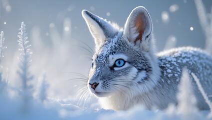 Azure-eyed arctic fox in snowy landscape, winter close-up