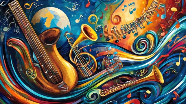 Colorful musical instruments swirl in abstract art