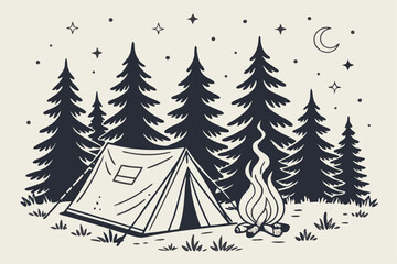 A clean and simple vector design of a cozy campfire in the middle of a dense pine forest, with a tent and a starry night sky in the background © msmdesign