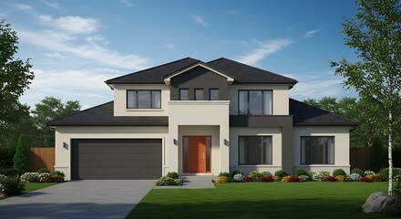 Newly constructed luxury home with a stunning exterior, lush lawn, and elegant architecture, captured under a bright blue sky in a coastal setting.