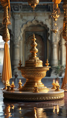Obraz premium Diwali product display podium background, Royal Palace Illuminatiom, golden carvings, traditional Indian palace courtyard, brass lamps, deepams, draped silk fabrics, flower bowls, shimmering candle