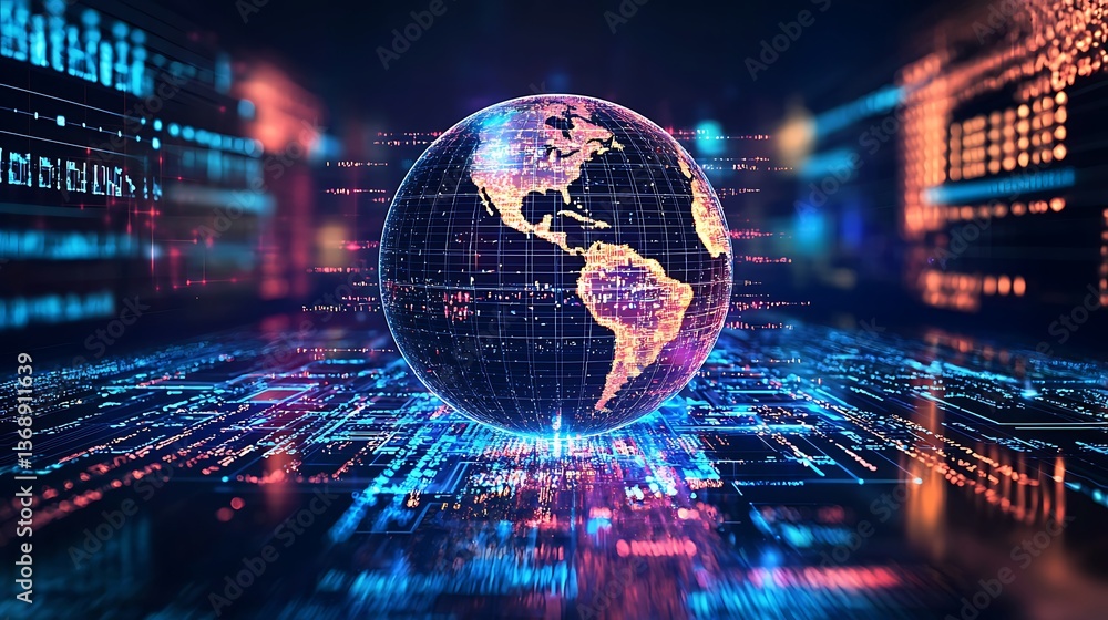 Poster global digital network. a stylized representation of the earth, surrounded by a complex digital netw
