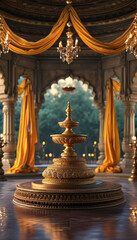 Fototapeta premium Diwali product display podium background, Royal Palace Illuminatiom, golden carvings, traditional Indian palace courtyard, brass lamps, deepams, draped silk fabrics, flower bowls, shimmering candle