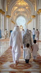 Family walking in white mosque