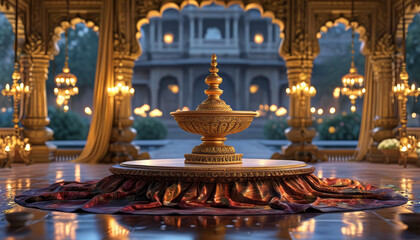 Diwali product display podium background, Royal Palace Illuminatiom, golden carvings, traditional Indian palace courtyard, brass lamps, deepams, draped silk fabrics, flower bowls, shimmering candle