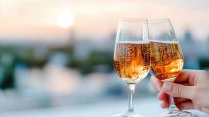 Two champagne flutes clinking in hand at sunset