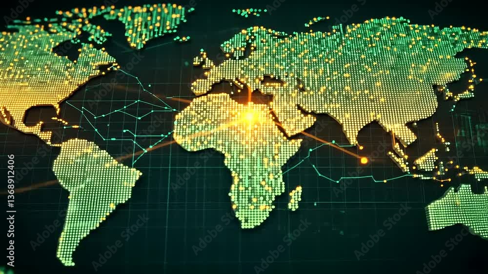 Wall mural digital representation of a glowing world map with data points and connections in a high-tech backgr