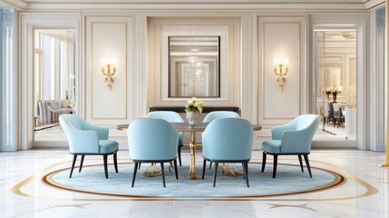 Fototapeta premium Elegant Dining Room with Soft Blue Chairs and Decor