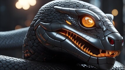 AI GENERATE, Robotic king Cobra with sleek metallic design and glowing eyes,