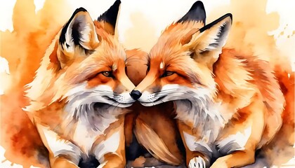 Obraz premium Two Foxes Touching Noses Artistic Watercolor Illustration Warm Color Palette