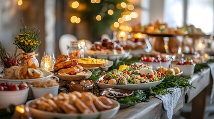 Festive buffet spread on rustic wooden table