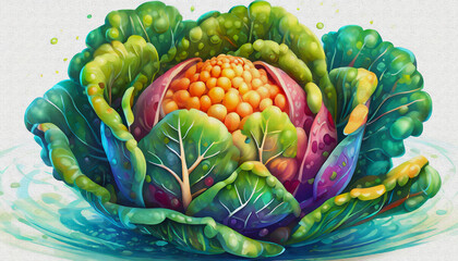 oil painting style colored, cabbage isolated on white background, top view. side front