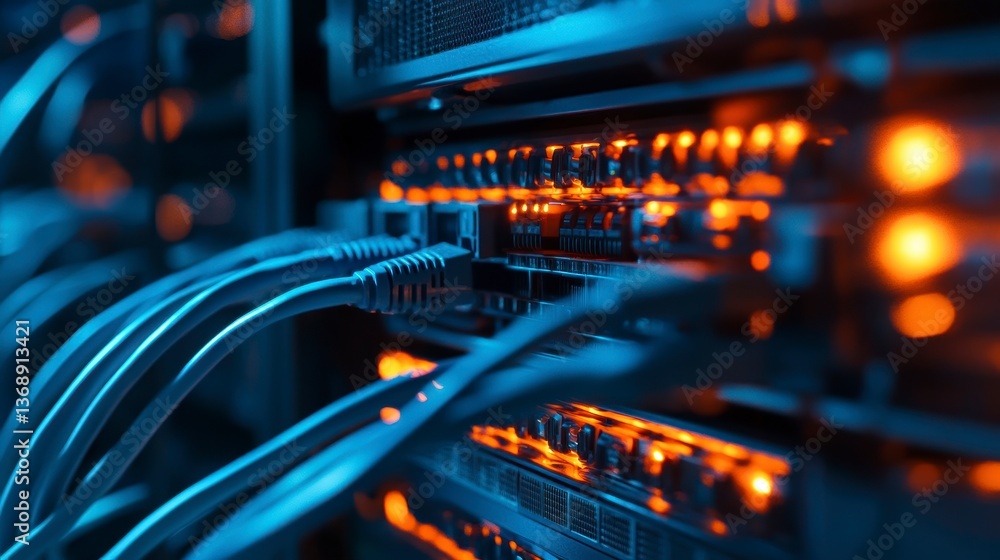 Aufkleber close-up of network server cables and lights in a data center.