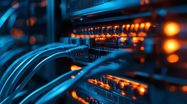 Close-up of network server cables and lights in a data center.