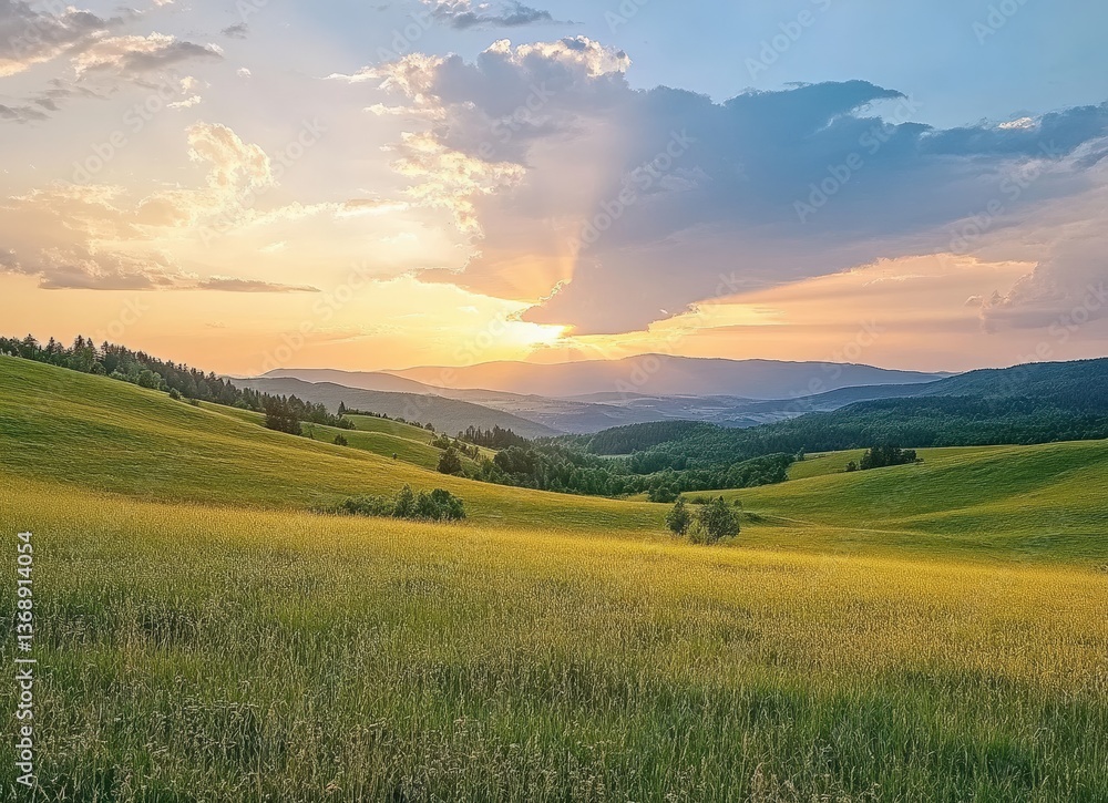 Poster sunset illuminating rolling hills and green grass in the carpathian mountains