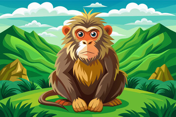 Fototapeta premium Monkey in green field with beautiful sky and grass, Highly detailed vector illustration