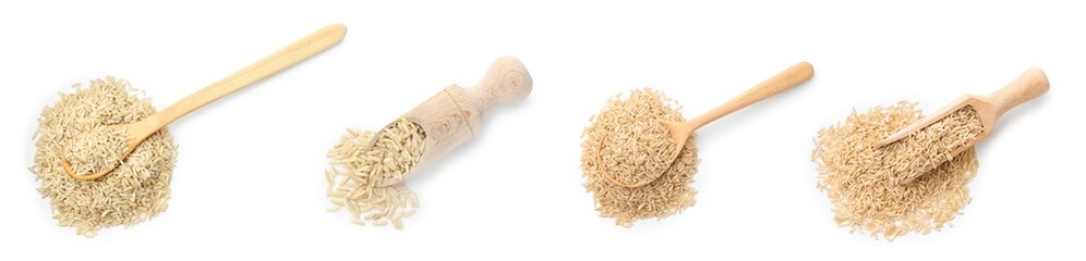 Brown rice on white background, set. Top view