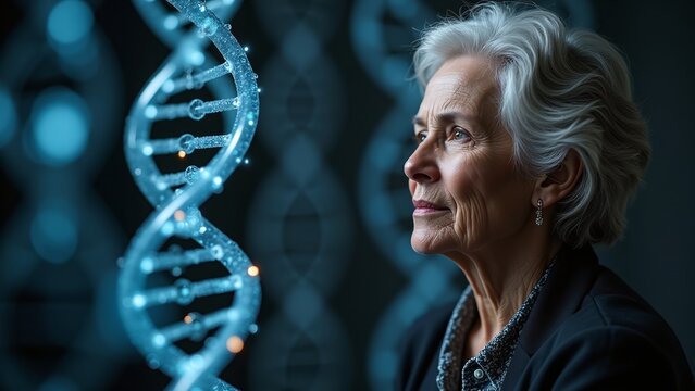 An elderly person gracefully reflects on life, intertwined with DNA strands symbolizing the ticking inner clock, natural aging, and the passage of time