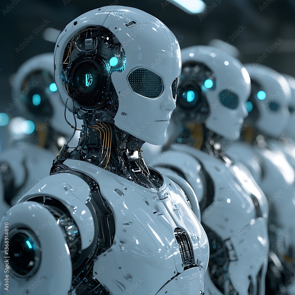 Poster futuristic, advanced robots in a row, detailed and sleek design