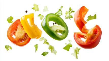 Sliced bell peppers and lettuce pieces levitate against a white background.
