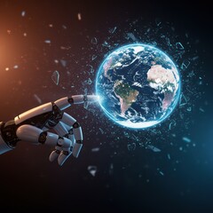 Fototapeta premium A cybernetic hand controls a glowing hologram of Earth, reflecting the power of technology in the world of the future