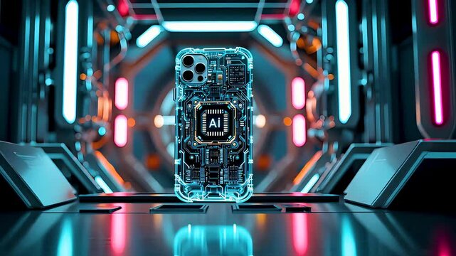Transparent smartphone with AI chip core inside glowing futuristic tech lab