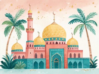 Watercolor Illustration of a Beautiful Pink Mosque with Palm Trees