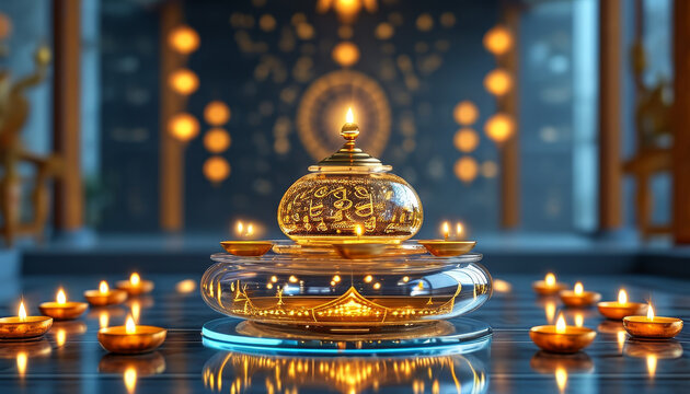 Navaratri product display background podium, Temple Meets Tech, glass, gold engraving, temple setting, bells and floating diya-shaped lights, traditional Indian motifs, ad, podium platform