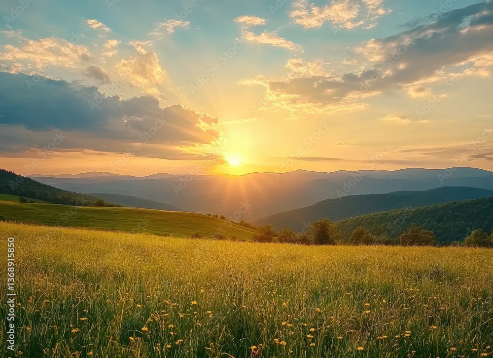Poster sunset illuminating rolling hills and green meadow in the carpathian mountains