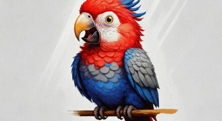 Naklejka premium A cartoon parrot sits on his stick, abruptly turning his head 180 degrees, shouting in his loud voice