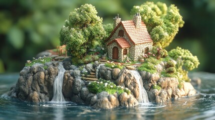 Naklejka premium Miniature Stone Cottage on a Verdant Island with Waterfalls