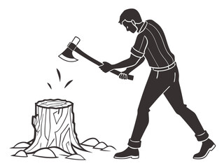 Vintage Style Man Chopping Wood with Axe