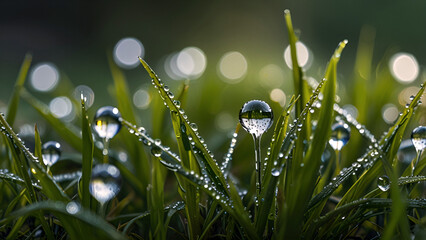 Dew drops glistening on the grass