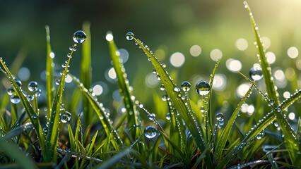 Dew drops glistening on the grass