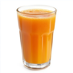 Clear glass filled with orange juice and a half orange next to it, centered against a white background.