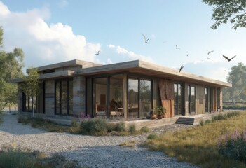 Obraz premium A Modern One-Story House with a Cozy and Elegant Atmosphere