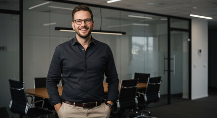 Smiling Businessman in Modern Office Environment