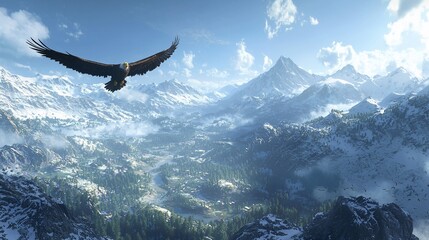 Fototapeta premium Eagle soaring over snowy mountains, valley, and river; nature background for travel brochures