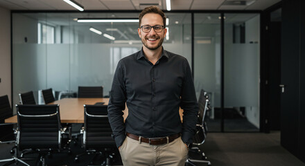 Smiling Businessman in Modern Office Environment